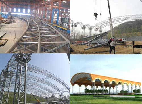  Different stages of the steel structure football filed: steel frame manufacture in our factory, installation on site and rendering drawing design