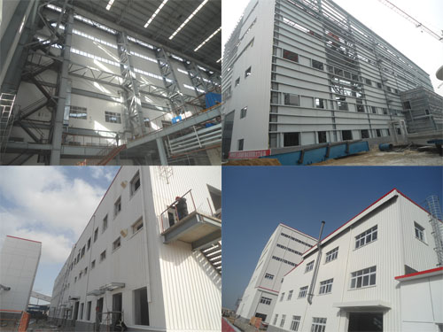 From left to right, top to bottom: inner structure, external structure, AB axis of main steel structure workshop plant,milk of lime preparation plant 