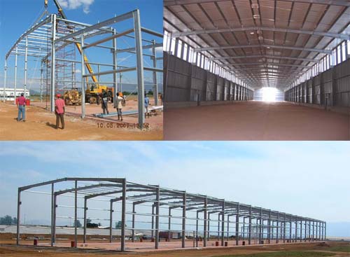 different construction stages about the prefab steel shed 