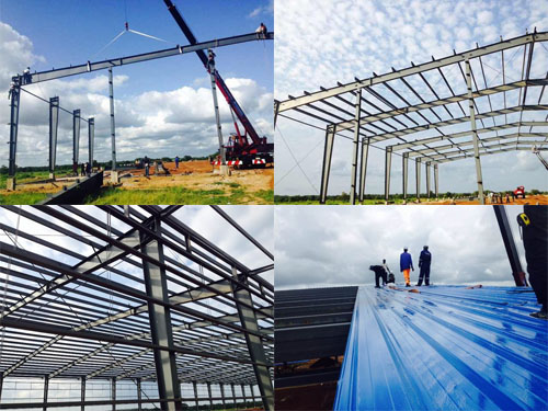Ghana prefabricated steel structure warehouse installation steps on construction site.